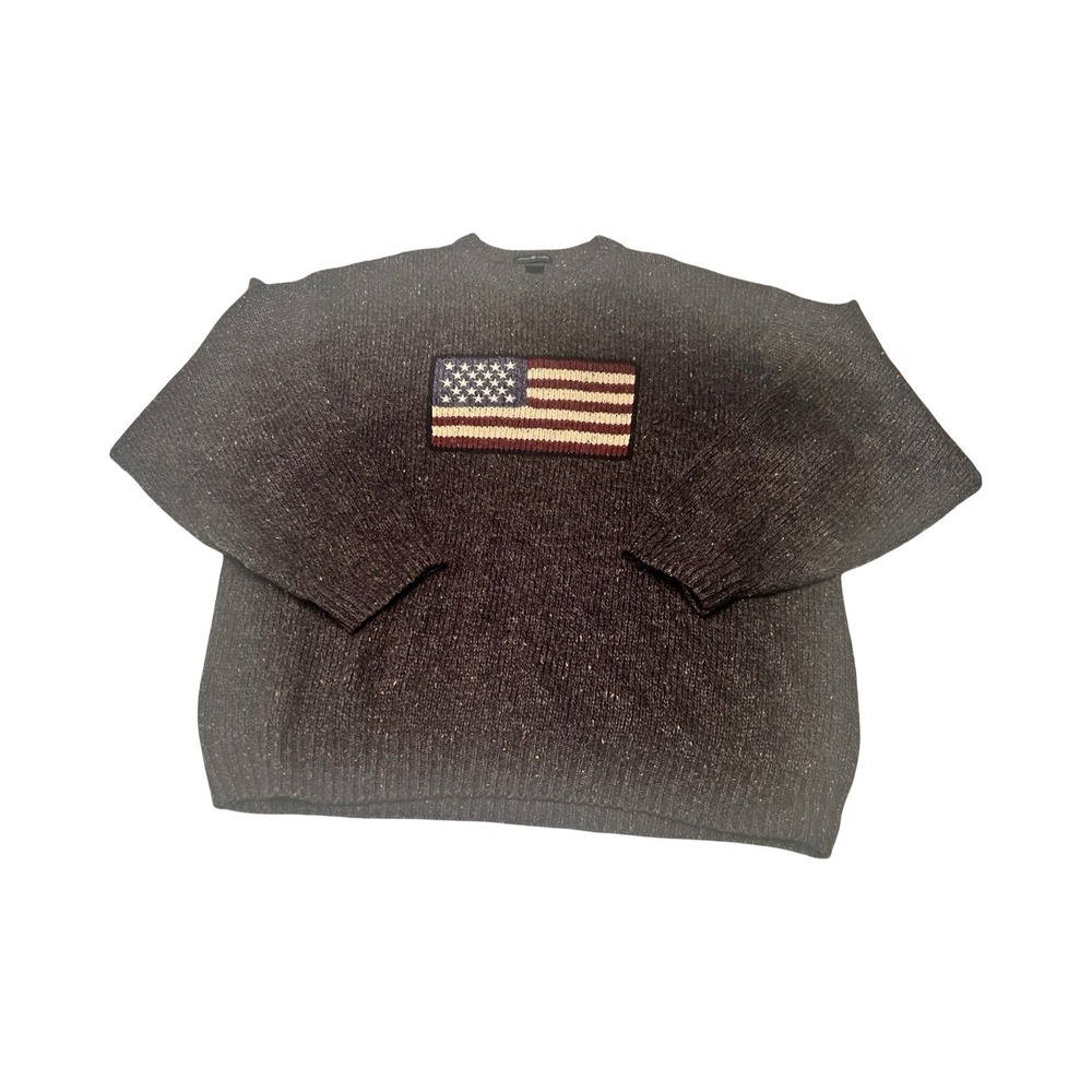 Cotton Traders American Flag‎ Knit Sweater XXL Charcoal Grey Wool Blend Marl USA